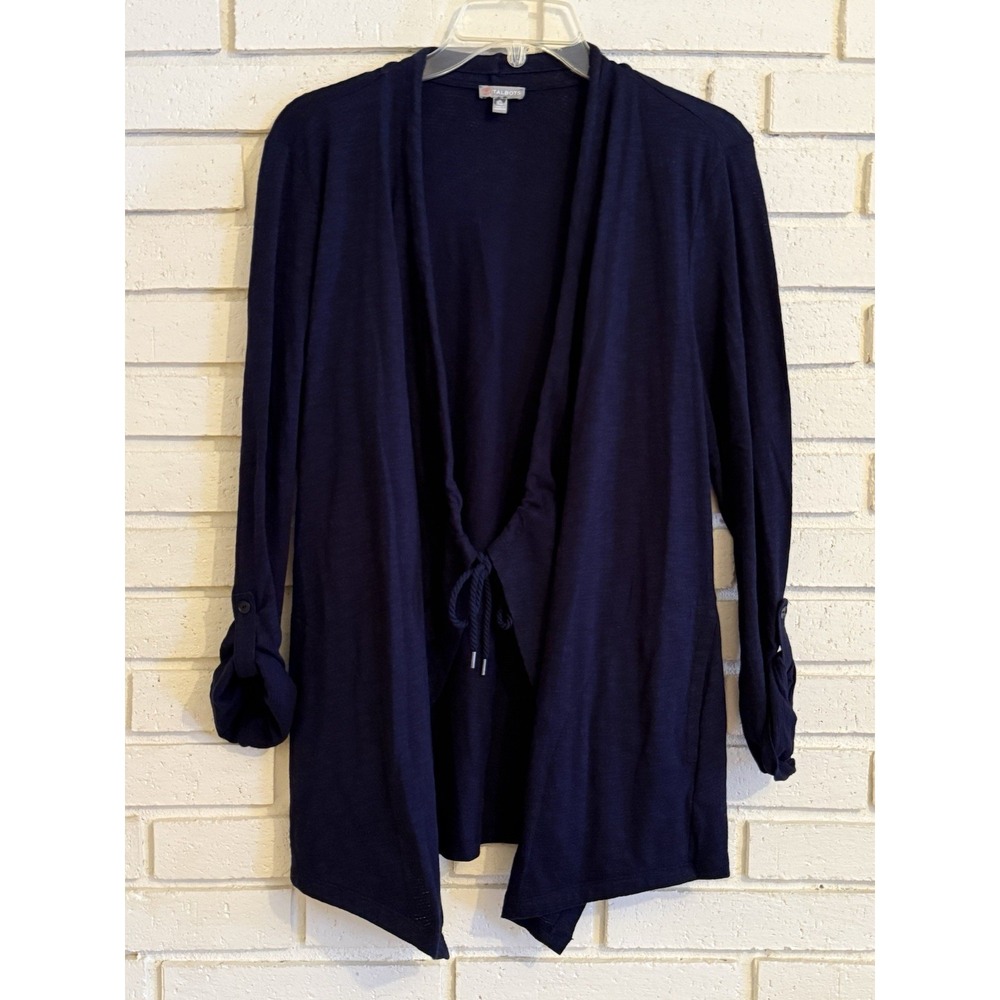 Talbots Tie Front Cardigan Cotton Spandex Sweater Women's Size Large Petite Blue